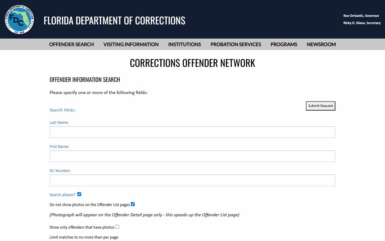Florida Department of Corrections Offender Search portal